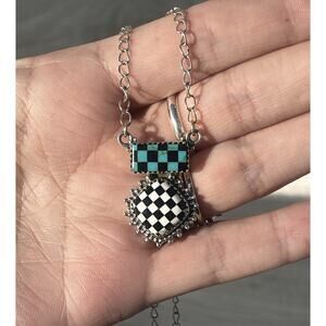 Sterling 925 Turquoise Black Checkerboard Inlay Necklace 18-20” Southwestern